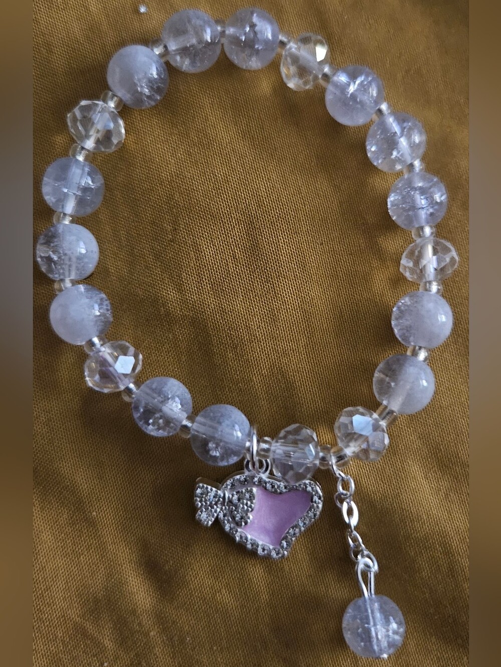 Clear Bead Bracelet with Pink Heart Charm